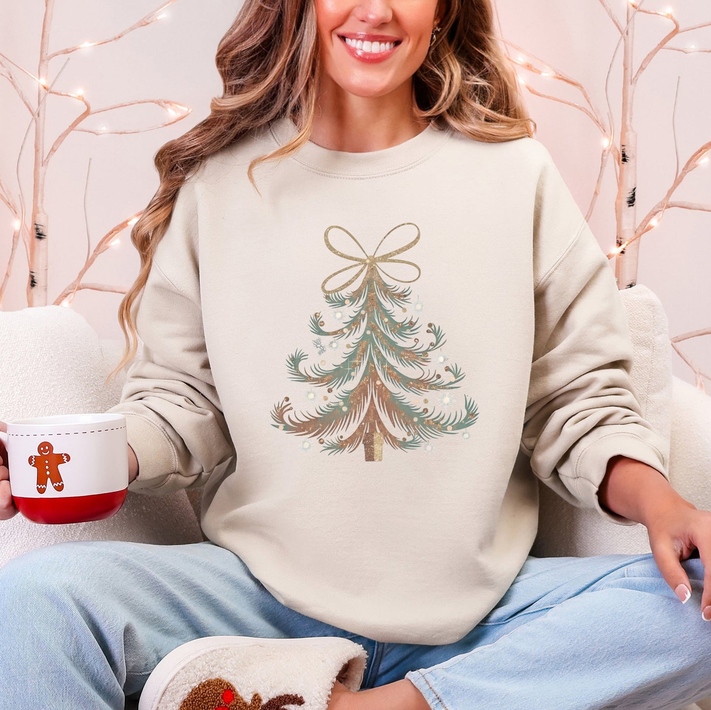 Christmas Tree, Vintage Elegant, Ribbon, Bows, Santa Sweatshirt