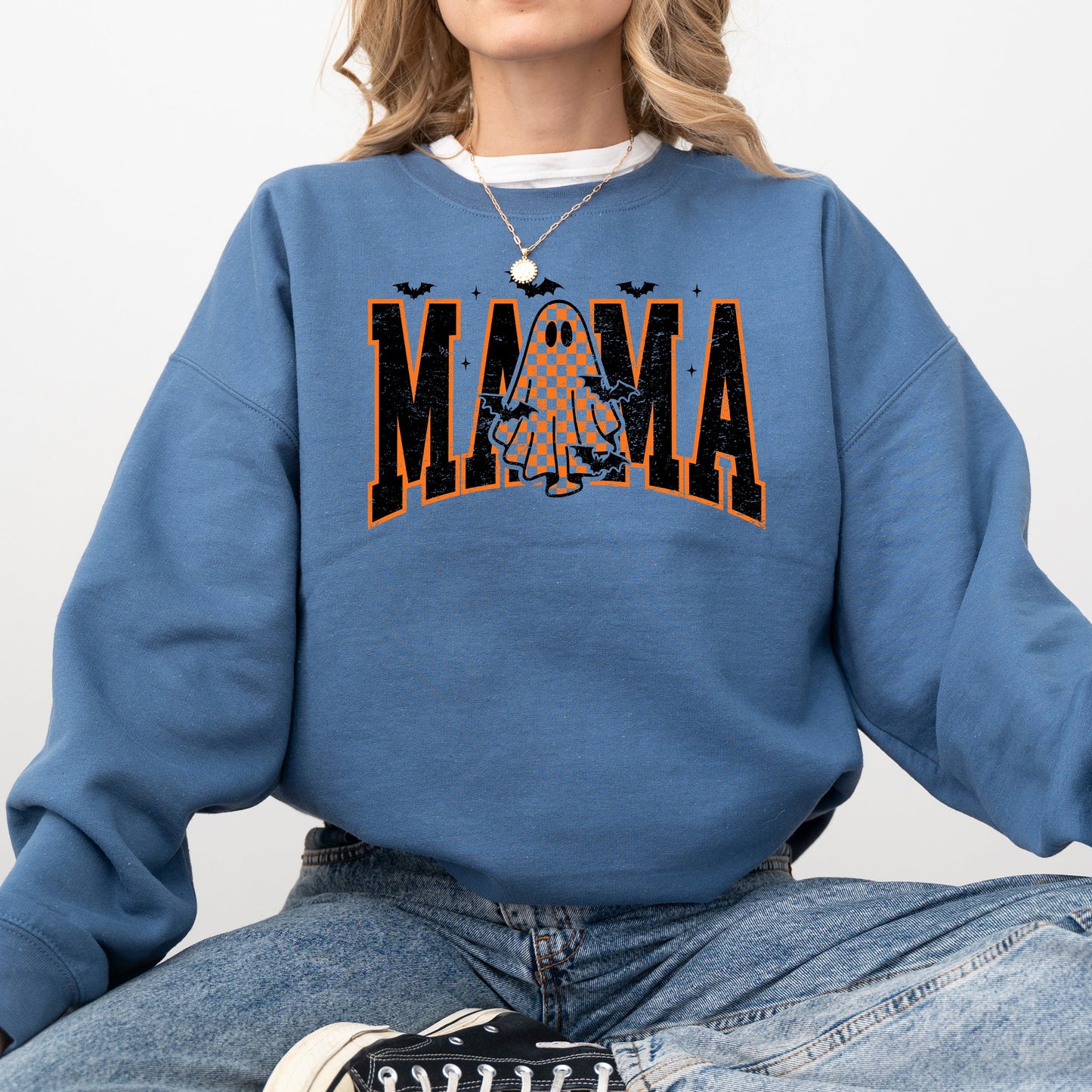 Halloween Mama, Ghost, Checkered, Retro, Vintage, Spooky, Costume, Fall, Graphic Sweatshirt